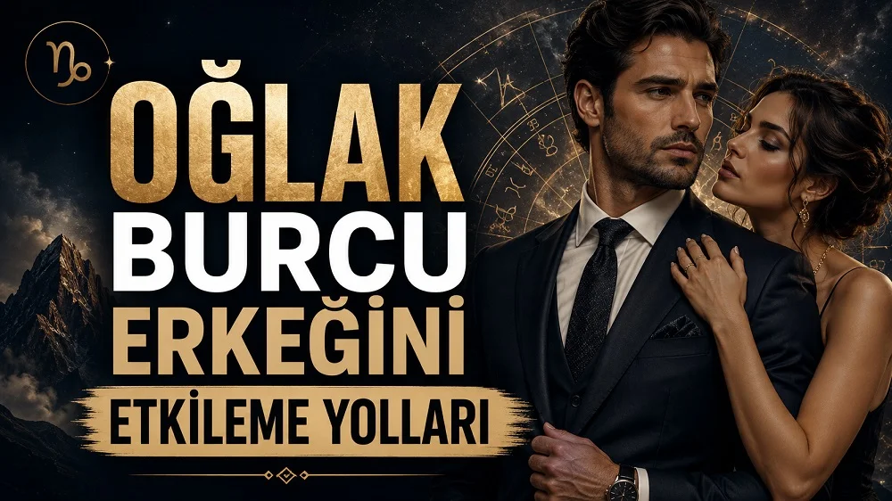 Oğlak Burcu Erkeğini Etkileme Yolları başlıklı, şık erkek ve kadın figürlü, Oğlak burcu sembolü, dağ ve astroloji çemberi detayları bulunan modern astroloji kapak görseli.
