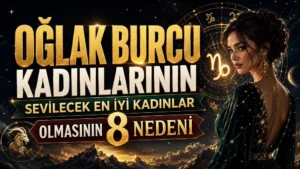 Oğlak burcu kadınlarının sevilecek en iyi kadınlar olmasının 8 nedenini anlatan; Oğlak sembolü, burç çarkı, dağlar ve zarif kadın figürü içeren altın yeşil tonlarda astrolojik kapak görseli.