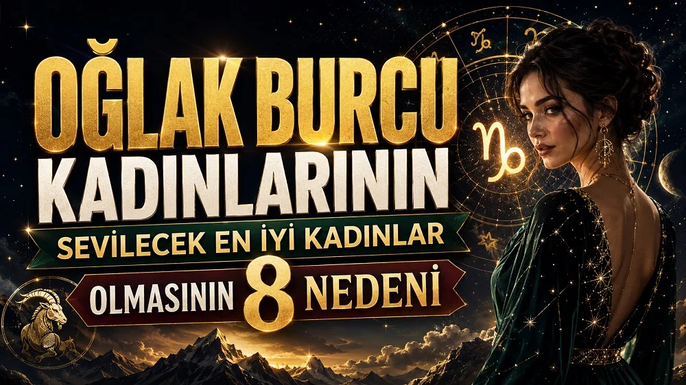 Oğlak burcu kadınlarının sevilecek en iyi kadınlar olmasının 8 nedenini anlatan; Oğlak sembolü, burç çarkı, dağlar ve zarif kadın figürü içeren altın yeşil tonlarda astrolojik kapak görseli.