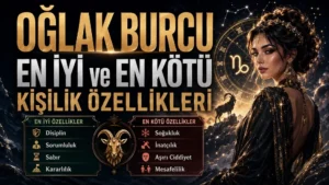 Oğlak burcunun en iyi ve en kötü kişilik özelliklerini anlatan, altın ve koyu mavi tonlarda hazırlanmış; Oğlak sembolü, burç çarkı, kadın figürü ve kişilik özellikleri listesi içeren astrolojik kapak görseli.