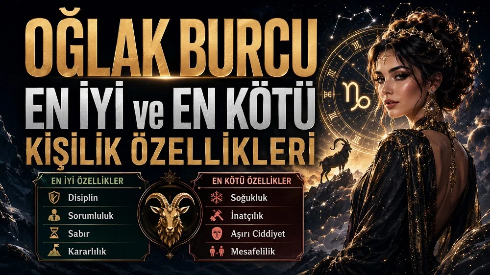 Oğlak burcunun en iyi ve en kötü kişilik özelliklerini anlatan, altın ve koyu mavi tonlarda hazırlanmış; Oğlak sembolü, burç çarkı, kadın figürü ve kişilik özellikleri listesi içeren astrolojik kapak görseli.