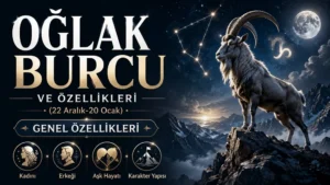 Oğlak burcu başlığı, dağ keçisi figürü, yıldızlı gökyüzü, dolunay, burç sembolü ve genel özellik simgeleriyle hazırlanmış astroloji kapak görseli.