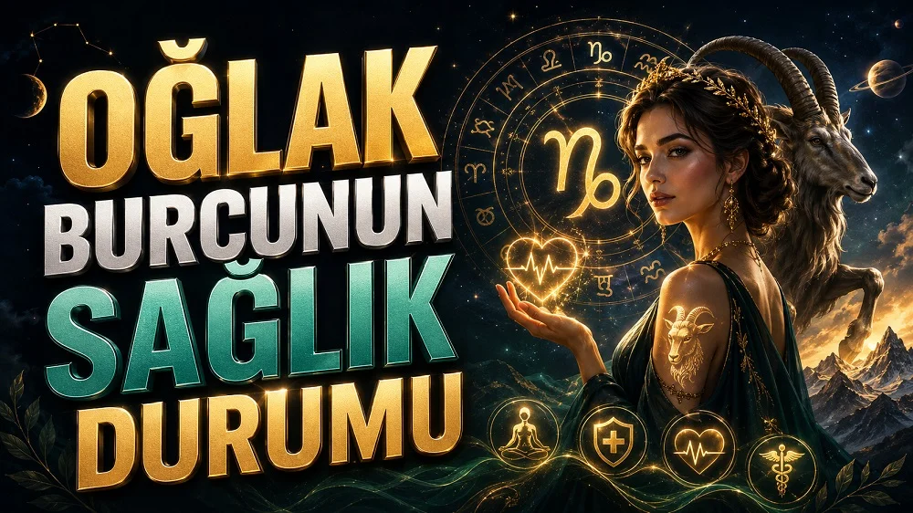 Oğlak Burcunun Sağlık Durumu başlıklı, Oğlak burcu sembolü, dağ keçisi figürü, astroloji çemberi, sağlık ikonları, dağ manzarası ve zarif kadın figürü içeren astroloji kapak tasarımı.