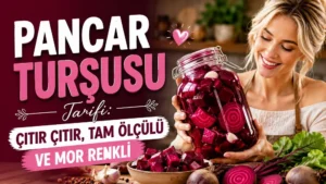Pancar Turşusu Tarifi Çıtır Çıtır Tam Ölçülü ve Mor Renkli başlıklı, cam kavanozda mor pancar turşusu, taze pancarlar, sarımsak, baharatlar ve mutfak ortamı içeren yemek tarifi kapak tasarımı.