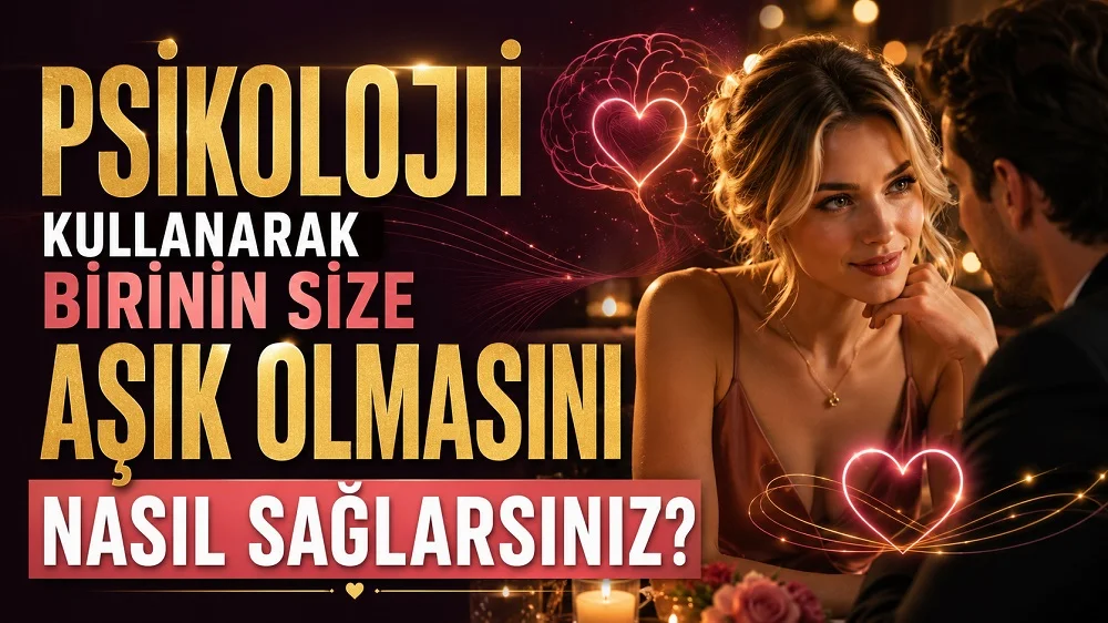 Psikoloji Kullanarak Birinin Size Aşık Olmasını Nasıl Sağlarsınız başlıklı, romantik ortamda birbirine bakan çift, sarışın kadın, kalp ve beyin sembolleri, mum ışıkları ve sıcak tonlar içeren ilişki temalı kapak tasarımı.