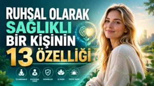 Ruhsal Olarak Sağlıklı Bir Kişinin 13 Özelliği başlıklı, huzurlu doğa arka planı, sarışın kadın figürü, beyin, kalp, meditasyon ve iç denge ikonları içeren kişisel gelişim kapak tasarımı.