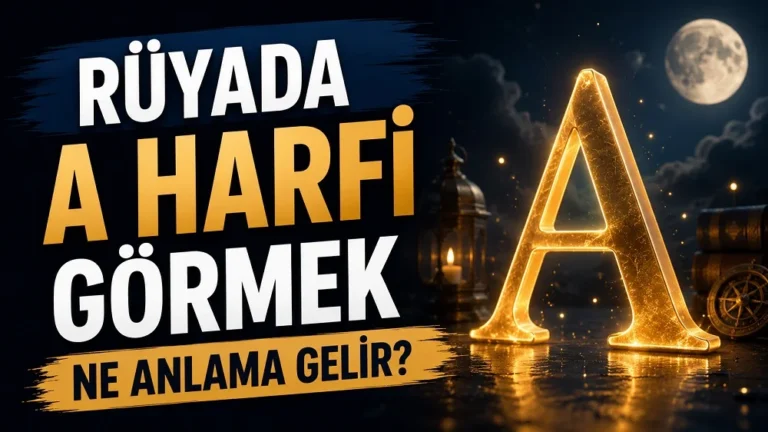 Ay ışıklı karanlık bir ortamda parlayan altın renkli A harfi; sol tarafta “Rüyada A Harfi Görmek Ne Anlama Gelir?” yazısı bulunan blog kapak tasarımı.