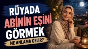 Ay ışıklı teras ortamında elinde fincan tutan zarif bir kadın; sol tarafta “Rüyada Abinin Eşini Görmek Ne Anlama Gelir?” yazısı bulunan blog kapak tasarımı.