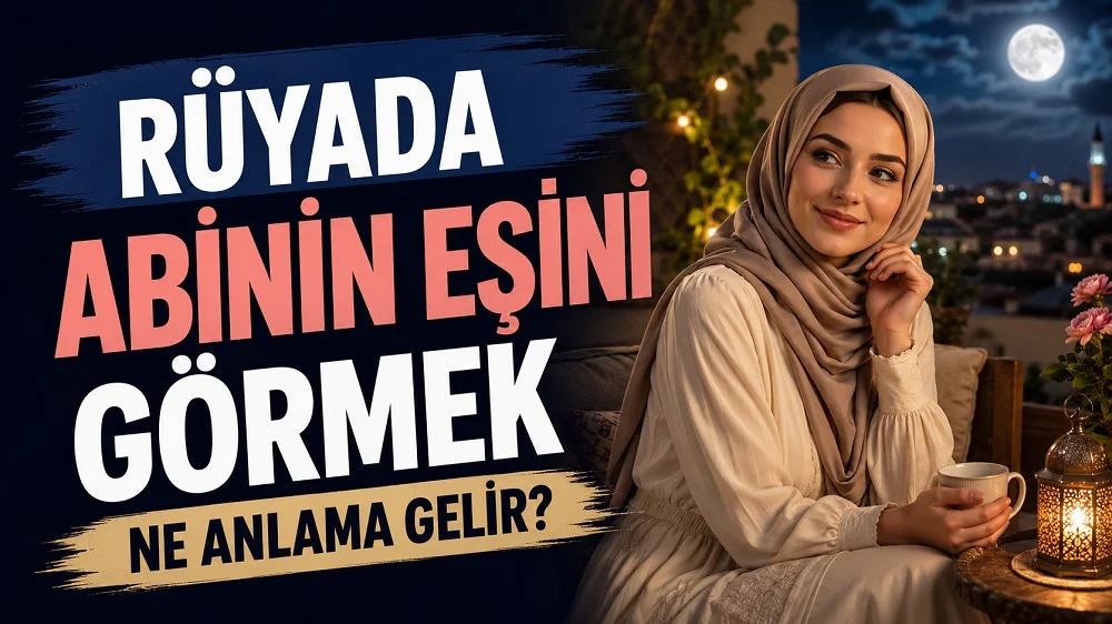 Ay ışıklı teras ortamında elinde fincan tutan zarif bir kadın; sol tarafta “Rüyada Abinin Eşini Görmek Ne Anlama Gelir?” yazısı bulunan blog kapak tasarımı.