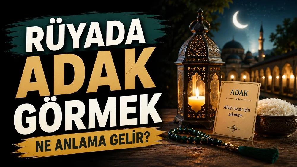 Gece vakti cami avlusu atmosferinde kandil, tesbih, pirinç kasesi ve adak yazılı kart; sol tarafta “Rüyada Adak Görmek Ne Anlama Gelir?” yazısı bulunan blog kapak tasarımı.
