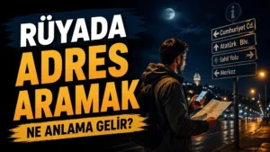 Gece şehir ışıkları altında elinde harita ve telefonla adres arayan genç adam; sol tarafta “Rüyada Adres Aramak Ne Anlama Gelir?” yazısı bulunan blog kapak tasarımı.