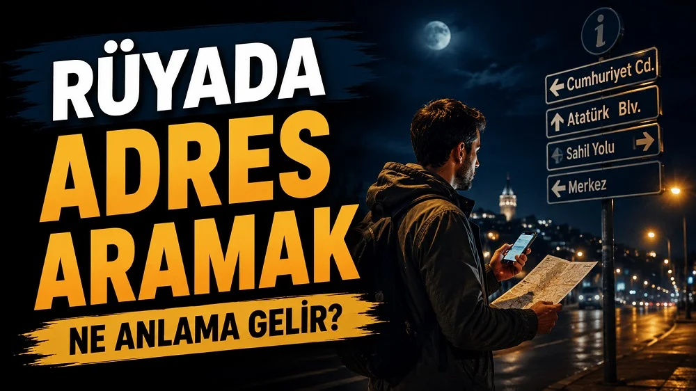 Gece şehir ışıkları altında elinde harita ve telefonla adres arayan genç adam; sol tarafta “Rüyada Adres Aramak Ne Anlama Gelir?” yazısı bulunan blog kapak tasarımı.