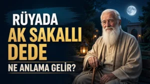 Ay ışıklı huzurlu bir bahçe ortamında bastonuyla oturan ak sakallı yaşlı dede; sol tarafta “Rüyada Ak Sakallı Dede Görmek Ne Anlama Gelir?” yazısı bulunan blog kapak tasarımı.