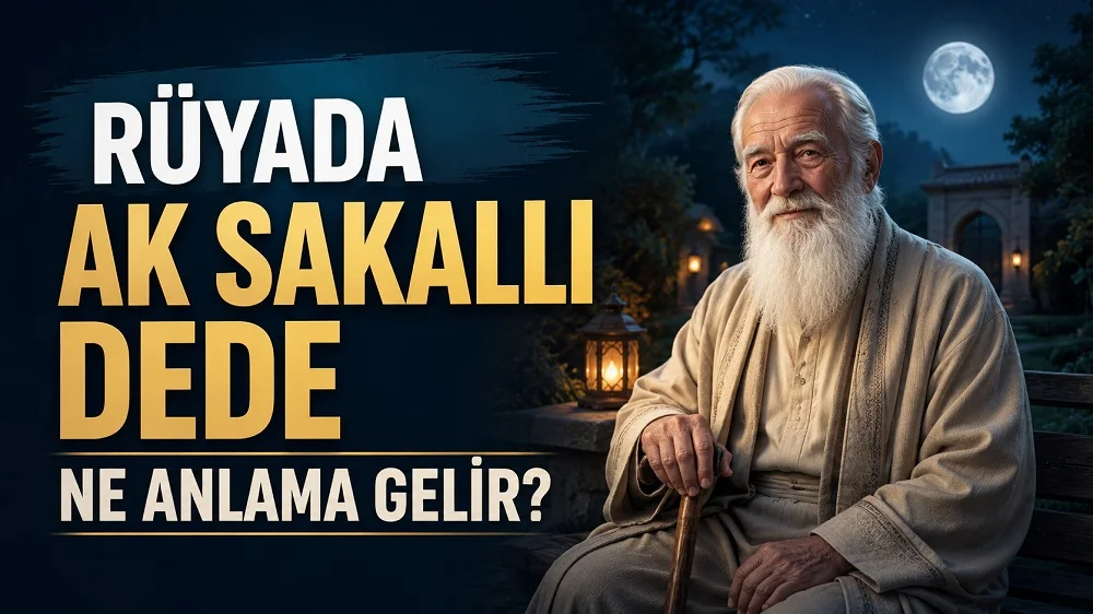 Ay ışıklı huzurlu bir bahçe ortamında bastonuyla oturan ak sakallı yaşlı dede; sol tarafta “Rüyada Ak Sakallı Dede Görmek Ne Anlama Gelir?” yazısı bulunan blog kapak tasarımı.