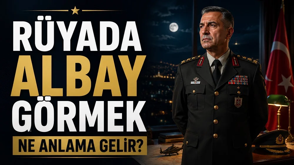Gece manzaralı resmi bir odada Türk bayrağı yanında üniformalı albay; sol tarafta “Rüyada Albay Görmek Ne Anlama Gelir?” yazısı bulunan blog kapak tasarımı.