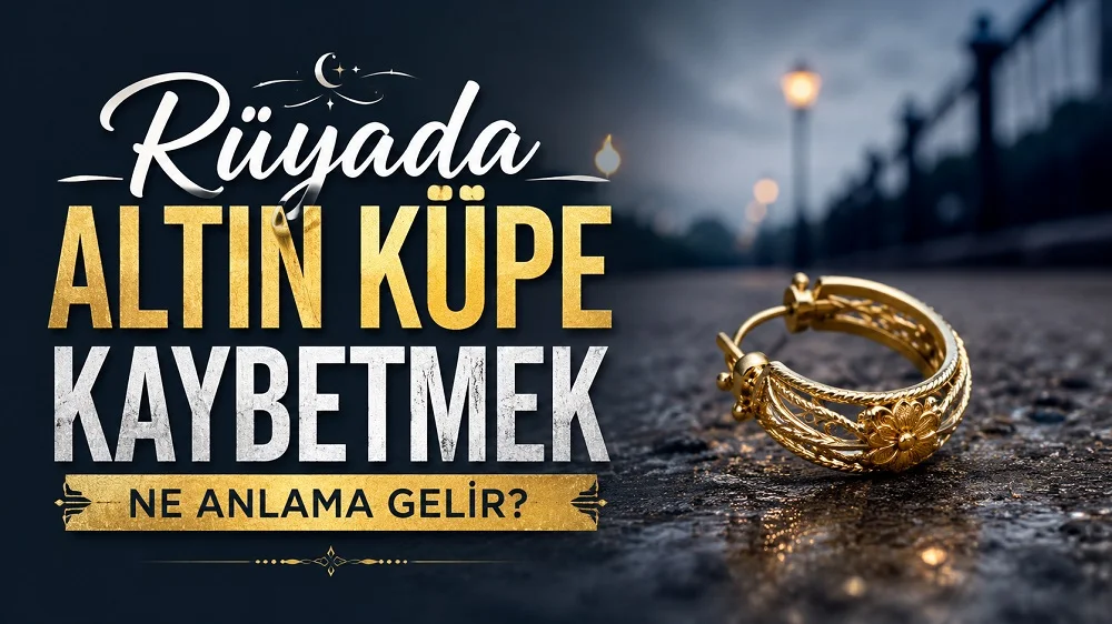 Rüyada altın küpe kaybetmek ne anlama gelir başlıklı kapak görselinde, karanlık ve ıslak bir zeminde duran altın küpe ile büyük tipografik başlık yer alıyor.