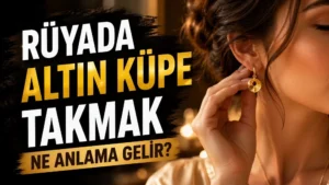 Rüyada altın küpe takmak ne anlama gelir başlıklı kapak görselinde, kulağına altın küpe takan bir kadın ve büyük tipografik başlık yer alıyor.