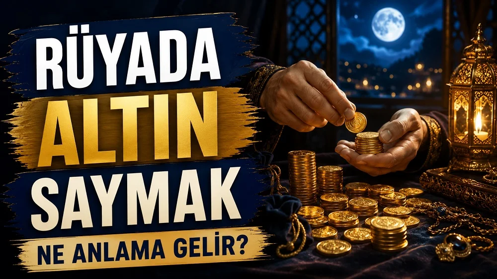 Ay ışığı ve kandil ışığı eşliğinde masada altınları sayan eller; sol tarafta “Rüyada Altın Saymak Ne Anlama Gelir?” yazısı bulunan blog kapak tasarımı.