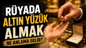 Rüyada altın yüzük almak ne anlama gelir başlıklı kapak görselinde, kuyumcu ortamında bir kişiye uzatılan altın yüzük, yüzük kutusu ve büyük tipografik başlık yer alıyor.
