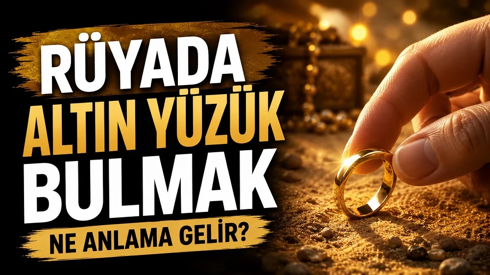 Rüyada altın yüzük bulmak ne anlama gelir başlıklı kapak görselinde, kumlu zeminden alınan parlak altın bir yüzük ve büyük tipografik başlık yer alıyor.