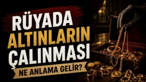 Rüyada altınların çalınması ne anlama gelir başlıklı kapak görselinde, açık bir mücevher kutusundaki altınları alan siyah eldivenli bir el ve büyük tipografik başlık yer alıyor.