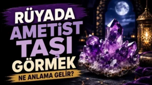 Ay ışıklı mistik bir ortamda parlak mor ametist kristalleri; sol tarafta “Rüyada Ametist Taşı Görmek Ne Anlama Gelir?” yazısı bulunan blog kapak tasarımı.