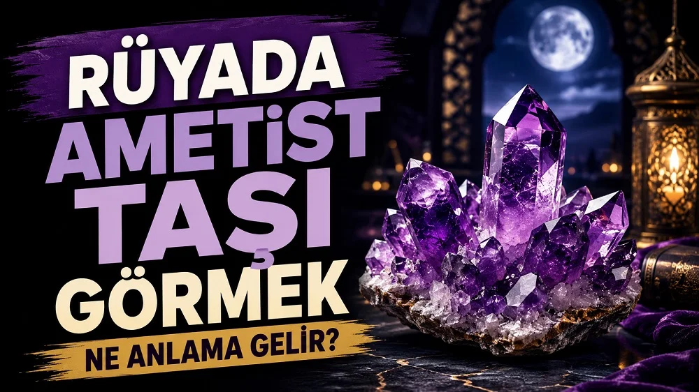 Ay ışıklı mistik bir ortamda parlak mor ametist kristalleri; sol tarafta “Rüyada Ametist Taşı Görmek Ne Anlama Gelir?” yazısı bulunan blog kapak tasarımı.