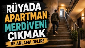 Rüyada apartman merdiveni çıkmak ne anlama gelir başlıklı kapak görselinde, apartman içinde merdivenleri çıkan bir kişi ve büyük tipografik başlık yer alıyor.