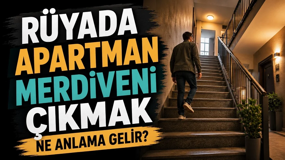 Rüyada apartman merdiveni çıkmak ne anlama gelir başlıklı kapak görselinde, apartman içinde merdivenleri çıkan bir kişi ve büyük tipografik başlık yer alıyor.