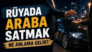 Gece şehir ortamında siyah bir arabanın yanında anahtar teslim eden kişi; sol tarafta “Rüyada Araba Satmak Ne Anlama Gelir?” yazısı bulunan blog kapak tasarımı.