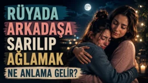 Ay ışıklı gece atmosferinde birbirine sarılan ve biri ağlayan iki arkadaş; sol tarafta “Rüyada Arkadaşa Sarılıp Ağlamak Ne Anlama Gelir?” yazısı bulunan blog kapak tasarımı.