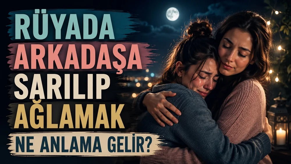 Ay ışıklı gece atmosferinde birbirine sarılan ve biri ağlayan iki arkadaş; sol tarafta “Rüyada Arkadaşa Sarılıp Ağlamak Ne Anlama Gelir?” yazısı bulunan blog kapak tasarımı.