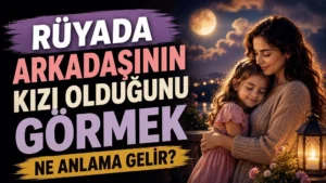 Ay ışığı altında küçük bir kızla sevgiyle sarılan genç kadın; sol tarafta “Rüyada Arkadaşının Kızı Olduğunu Görmek Ne Anlama Gelir?” yazısı bulunan blog kapak tasarımı.