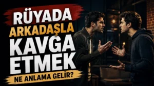 Rüyada arkadaşla kavga etmek ne anlama gelir başlıklı kapak görselinde, karşılıklı tartışan iki erkek figürü ve büyük tipografik başlık yer alıyor.