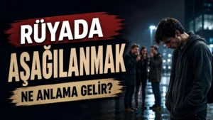 Gece şehir ortamında başı öne eğik duran genç adam ve arka planda onu yargılar gibi görünen insanlar; sol tarafta “Rüyada Aşağılanmak Ne Anlama Gelir?” yazısı bulunan blog kapak tasarımı.