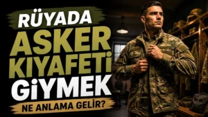 Rüyada asker kıyafeti giymek ne anlama gelir başlıklı kapak görselinde, askerî kamuflaj kıyafeti giyen bir erkek figürü ve büyük tipografik başlık yer alıyor.