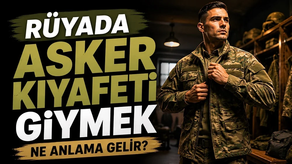 Rüyada asker kıyafeti giymek ne anlama gelir başlıklı kapak görselinde, askerî kamuflaj kıyafeti giyen bir erkek figürü ve büyük tipografik başlık yer alıyor.