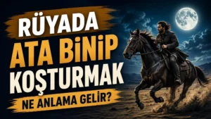Ay ışığı altında hızla koşan siyah bir ata binmiş adam; sol tarafta “Rüyada Ata Binip Koşturmak Ne Anlama Gelir?” yazısı bulunan blog kapak tasarımı.
