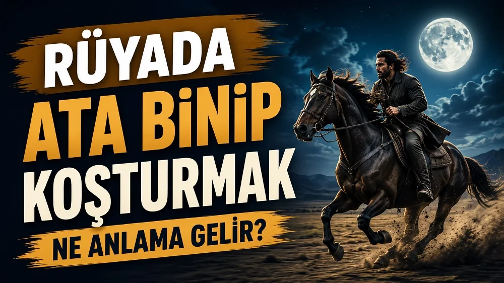 Ay ışığı altında hızla koşan siyah bir ata binmiş adam; sol tarafta “Rüyada Ata Binip Koşturmak Ne Anlama Gelir?” yazısı bulunan blog kapak tasarımı.