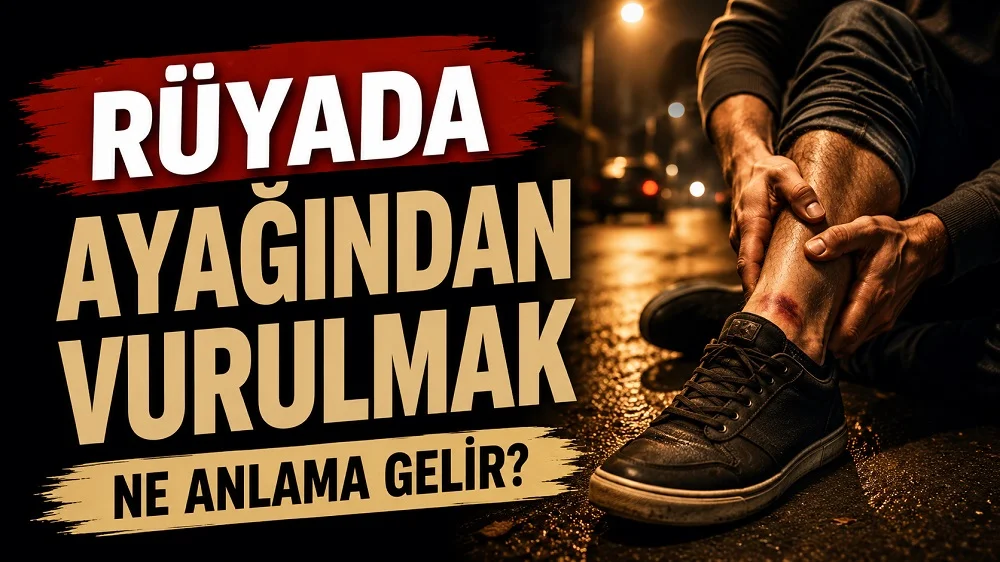 Rüyada Ayağından Vurulmak Ne Anlama Gelir başlıklı, karanlık bir sokakta ayağından yaralanmış bir kişinin yer aldığı siyah, kırmızı ve sıcak altın tonlarda hazırlanmış blog kapak görseli.
