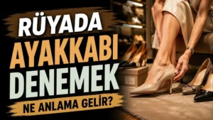 Rüyada ayakkabı denemek ne anlama gelir başlıklı kapak görselinde, ayakkabı mağazasında topuklu ayakkabı deneyen bir kişi, yerde farklı ayakkabılar ve büyük tipografik başlık yer alıyor.