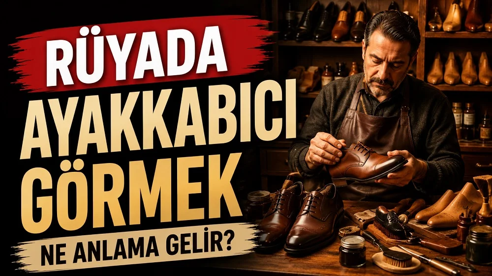 Rüyada Ayakkabıcı Görmek Ne Anlama Gelir başlıklı, ayakkabı atölyesinde deri ayakkabı tamir eden bir ayakkabıcının yer aldığı sıcak kahverengi, siyah ve bej tonlarda hazırlanmış blog kapak görseli.