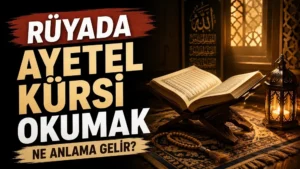 Rüyada Ayetel Kürsi Okumak Ne Anlama Gelir başlıklı, açık Kur’an-ı Kerim, tespih ve kandil ışığının yer aldığı manevi atmosferli blog kapak görseli.