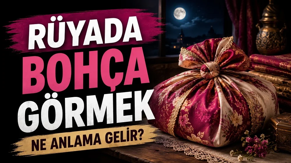 Ay ışıklı geleneksel bir odada desenli kumaşla bağlanmış bohça; sol tarafta “Rüyada Bohça Görmek Ne Anlama Gelir?” yazısı bulunan blog kapak tasarımı.