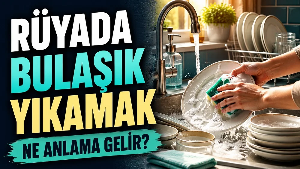 Rüyada bulaşık yıkamak ne anlama gelir başlıklı kapak görselinde, mutfak lavabosunda köpüklü suyla tabak yıkayan eller ve büyük tipografik başlık yer alıyor.
