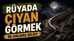 Ay ışığı altında kayalık zeminde duran uzun bacaklı çıyan; sol tarafta “Rüyada Çıyan Görmek Ne Anlama Gelir?” yazısı bulunan blog kapak tasarımı.