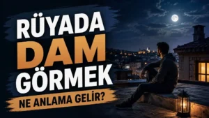 Ay ışığı altında damda oturup şehir manzarasına bakan genç adam; sol tarafta “Rüyada Dam Görmek Ne Anlama Gelir?” yazısı bulunan blog kapak tasarımı.