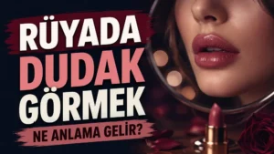 Loş ve şık bir makyaj ortamında parlak dudaklar, ayna, ruj ve gül detayları; sol tarafta “Rüyada Dudak Görmek Ne Anlama Gelir?” yazısı bulunan blog kapak tasarımı.
