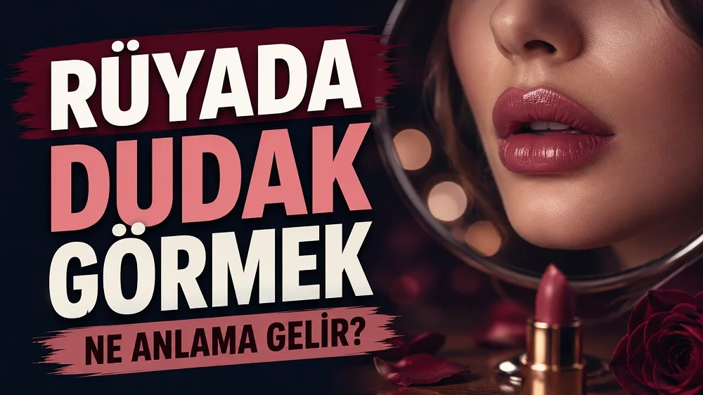 Loş ve şık bir makyaj ortamında parlak dudaklar, ayna, ruj ve gül detayları; sol tarafta “Rüyada Dudak Görmek Ne Anlama Gelir?” yazısı bulunan blog kapak tasarımı.