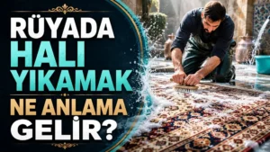 Rüyada halı yıkamak ne anlama gelir başlıklı kapak görselinde, açık alanda köpüklü suyla halı yıkayan bir kişi ve büyük tipografik başlık yer alıyor.